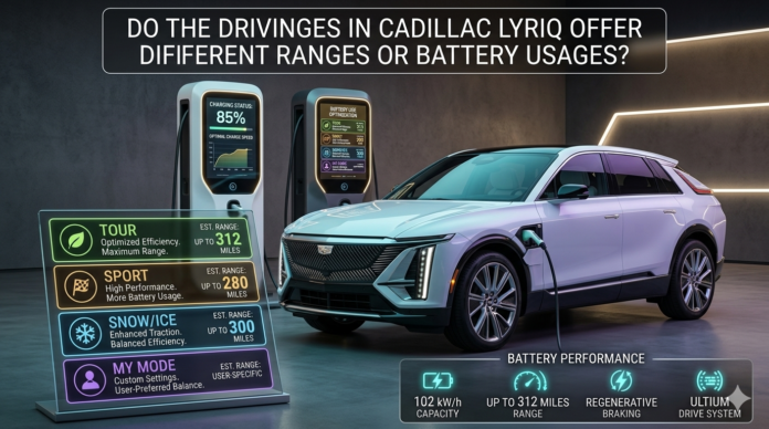 do the driving modes in cadillac lyriq offer different ranges or battery usages?